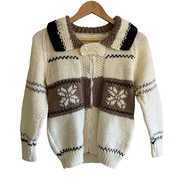 Kids vintage cream handknit fishermen fair isle zip up cardigan size 6 - Picture 1 of 11